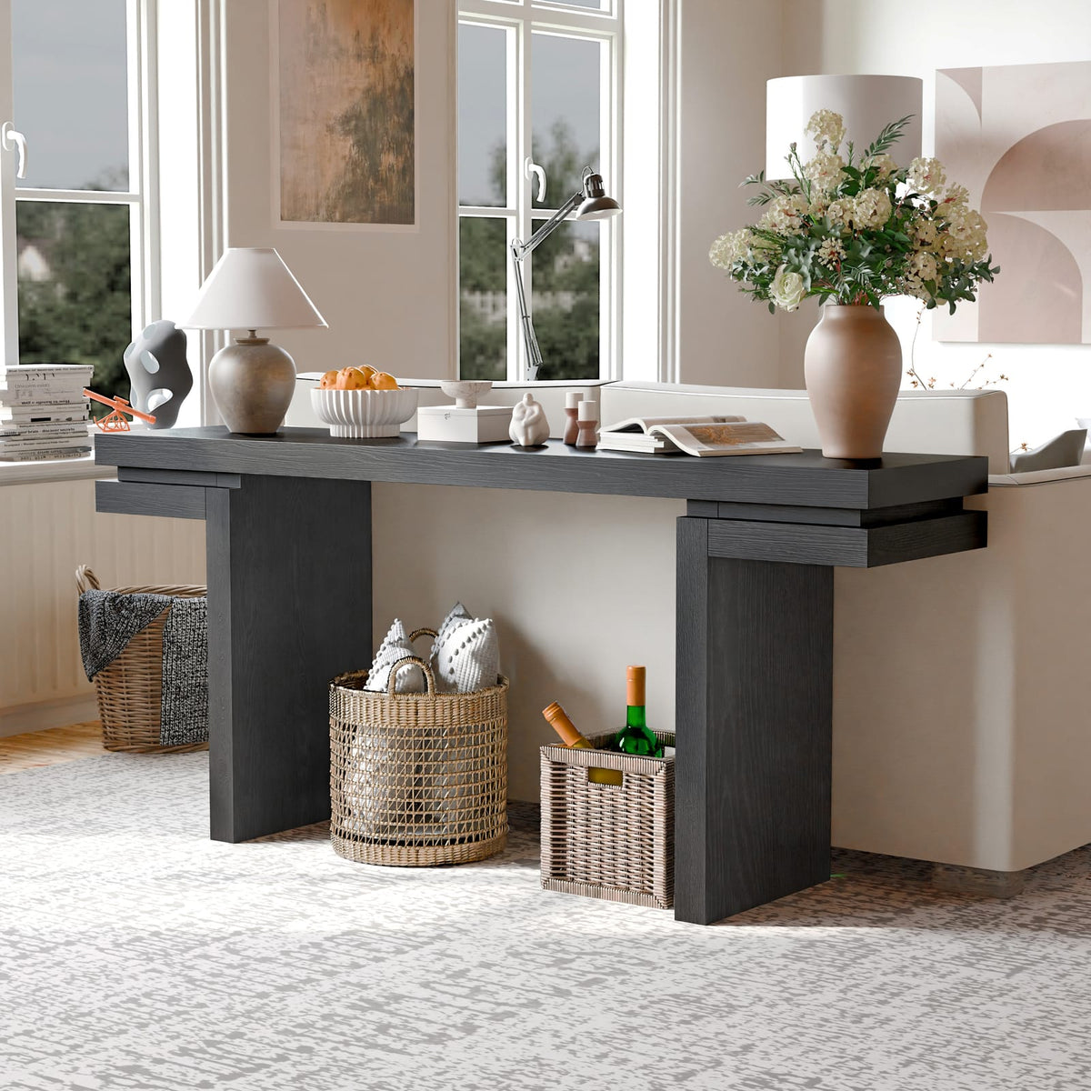 66" Extra Wide Real Wood Veneered Console Table - Black Sofa Table