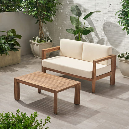 Beige Brown Acacia Wood Loveseat & Coffee Table Patio Set