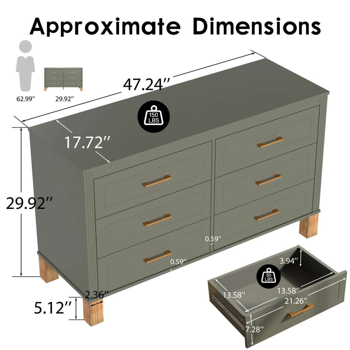 6-Drawer Olive Green Dresser - Modern Storage Cabinet for Kids Bedroom