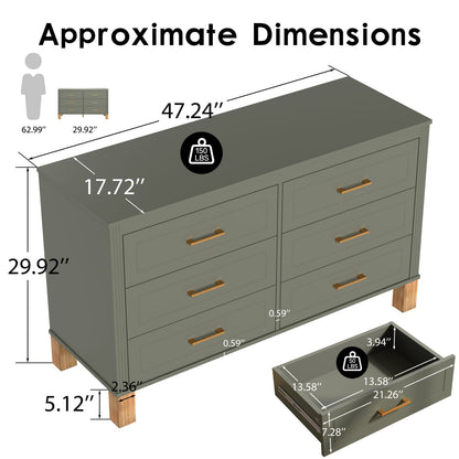 6-Drawer Olive Green Dresser - Modern Storage Cabinet for Kids Bedroom