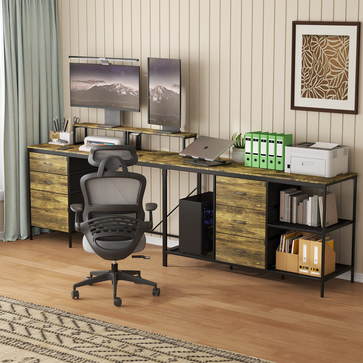 L-Shaped Gaming Desk with Power Hub - 6 Drawers, 114 Inch Brown