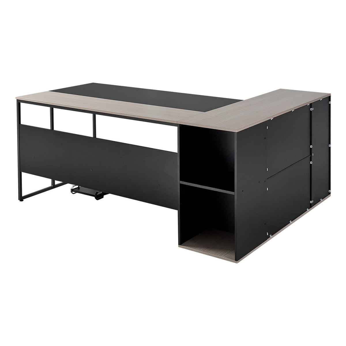 L-Shaped Executive Desk - Large Black+Grey Iron Office Table with Drawers & Storage