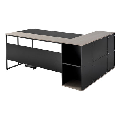 L-Shaped Executive Desk - Large Black+Grey Iron Office Table with Drawers & Storage