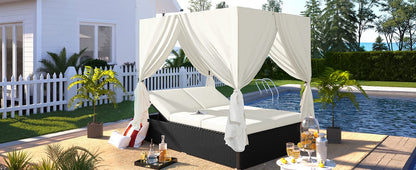 Beige Rattan Patio Daybed with Cushions - Outdoor Chaise Lounge
