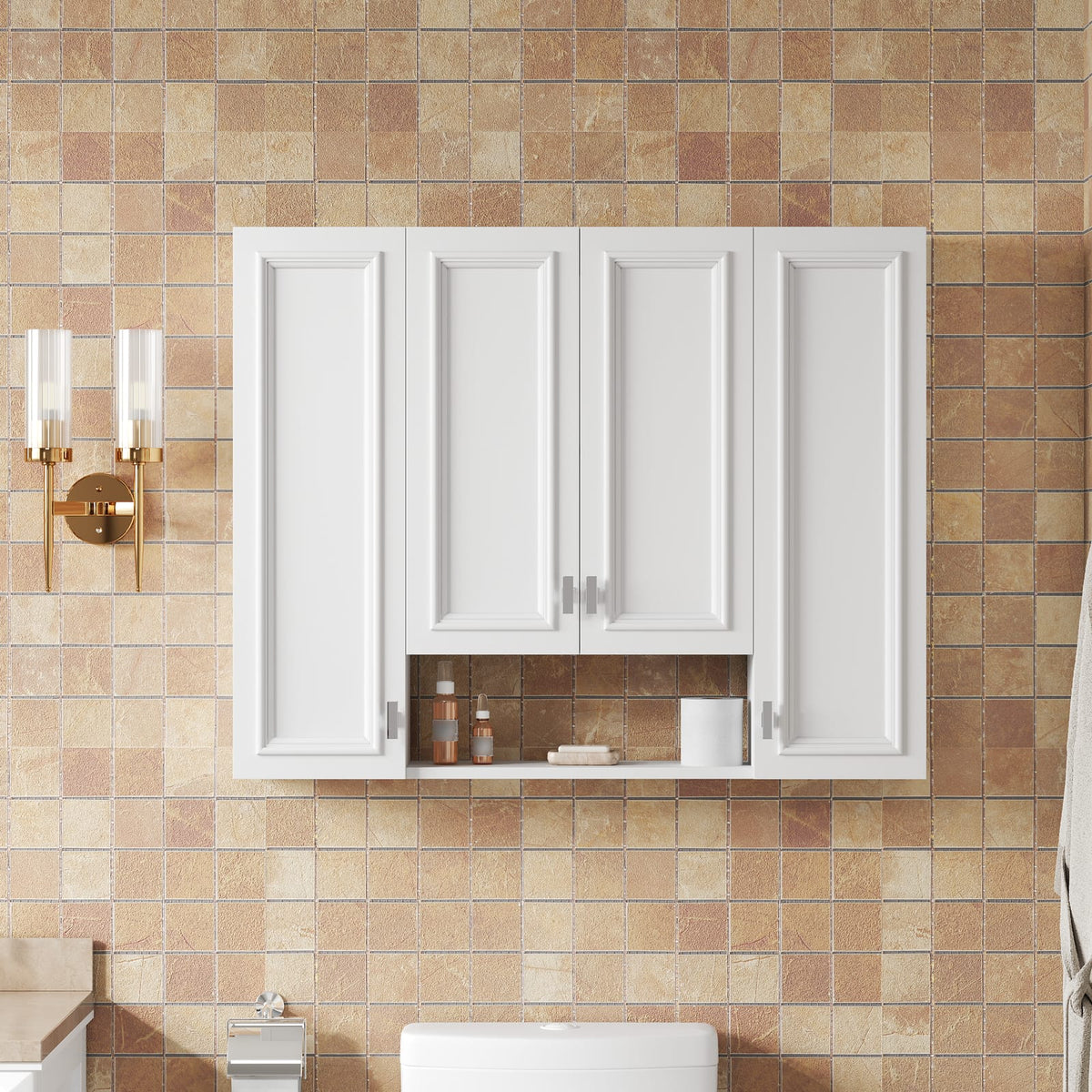 Modern White Bathroom Cabinet - 5 Adjustable Shelves Wall Mounted Storage