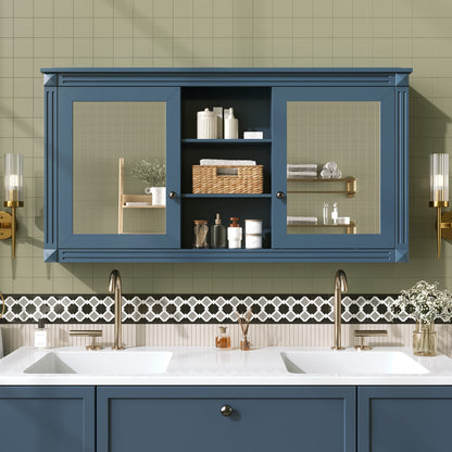 55 Inch Wall-Mount Bathroom Mirror Cabinet - Blue, Adjustable Shelves