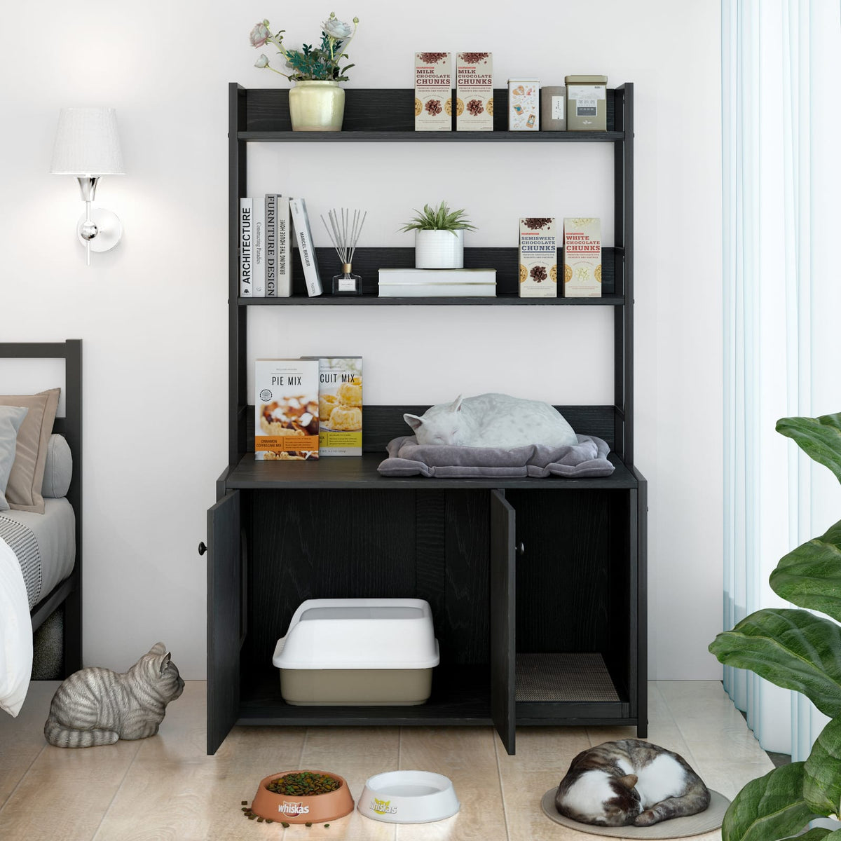 Large Black Cat Litter Box Enclosure with Storage - Hidden Washroom Furniture
