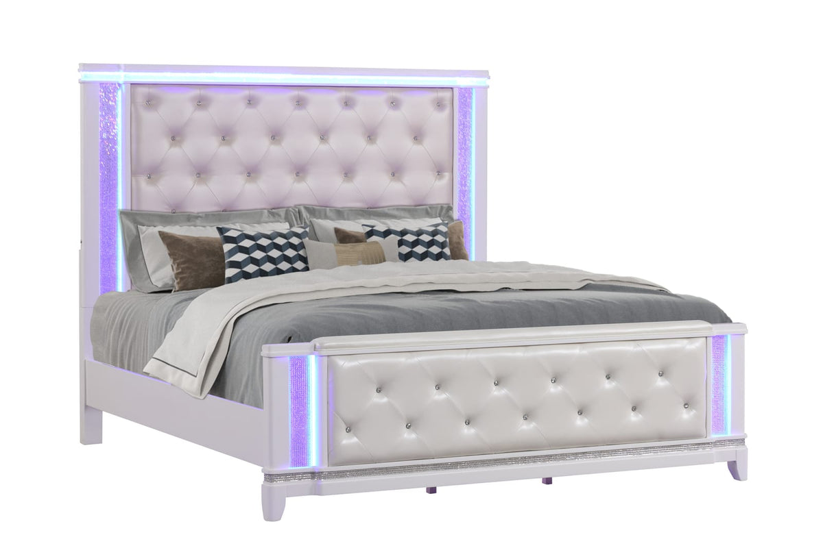King Size White Wood Bed Frame with Tufted Headboard for Bedroom