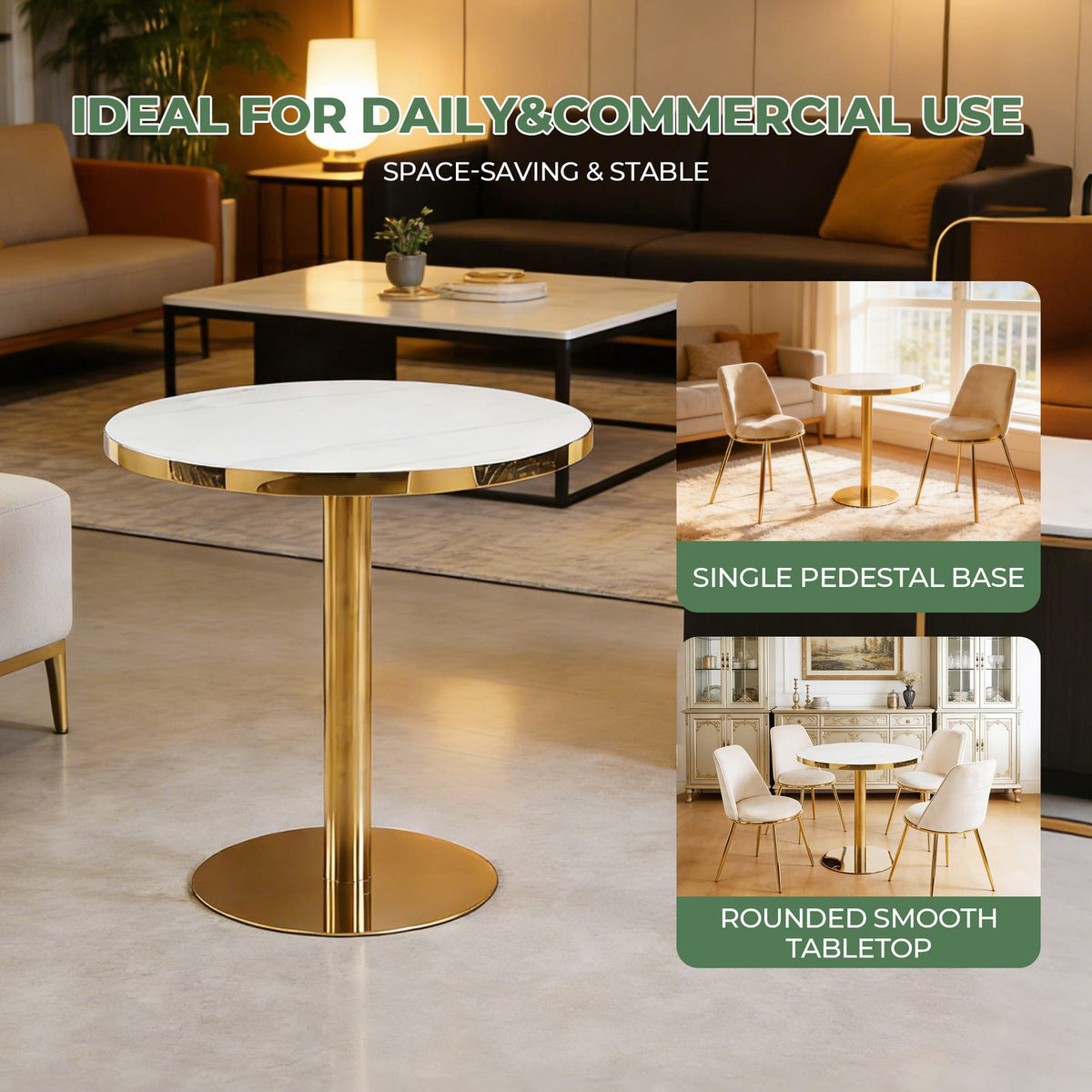 Golden White Pedestal Table - Modern Coffee Table 31.5 Inch
