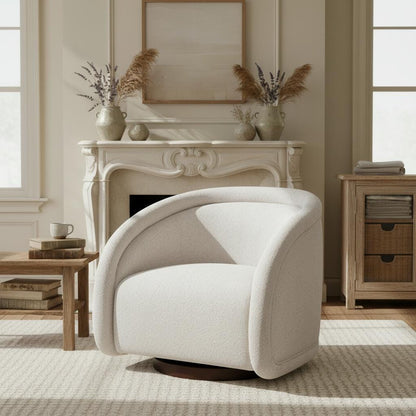 Beige Boucl Swivel Chair Walnut Base - 30.5" Diameter for Living Room