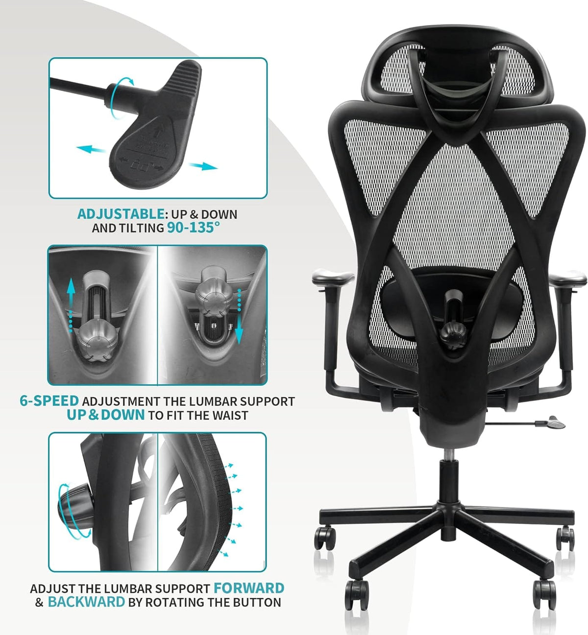 Black Mesh Office Chair with Adjustable Lumbar Support and Headrest