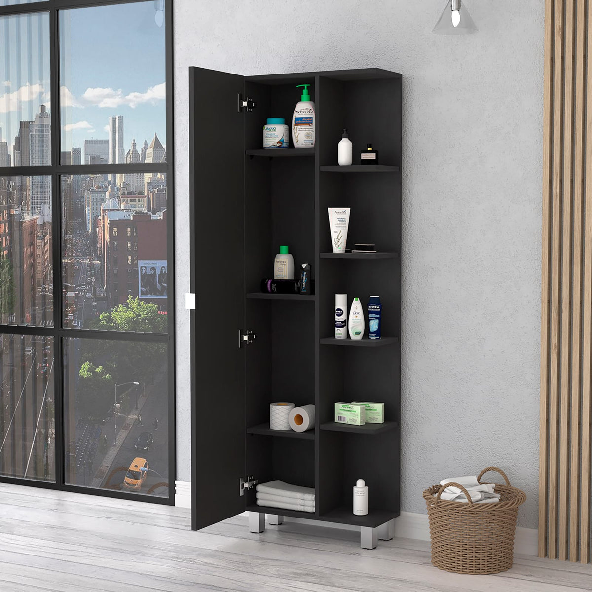 Black Bathroom Cabinet - 5 Shelves, Freestanding Storage