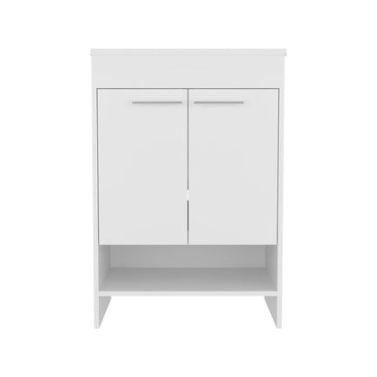 White Bathroom Vanity with Storage Shelves