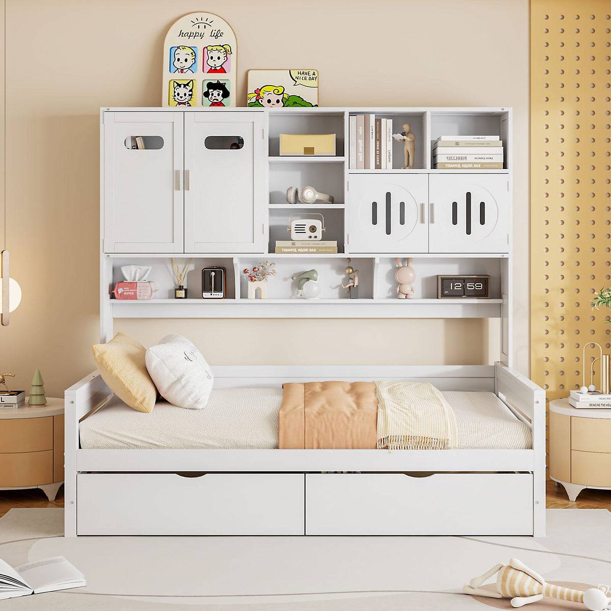 Twin Size Wooden Daybed with Storage - White for Bedroom