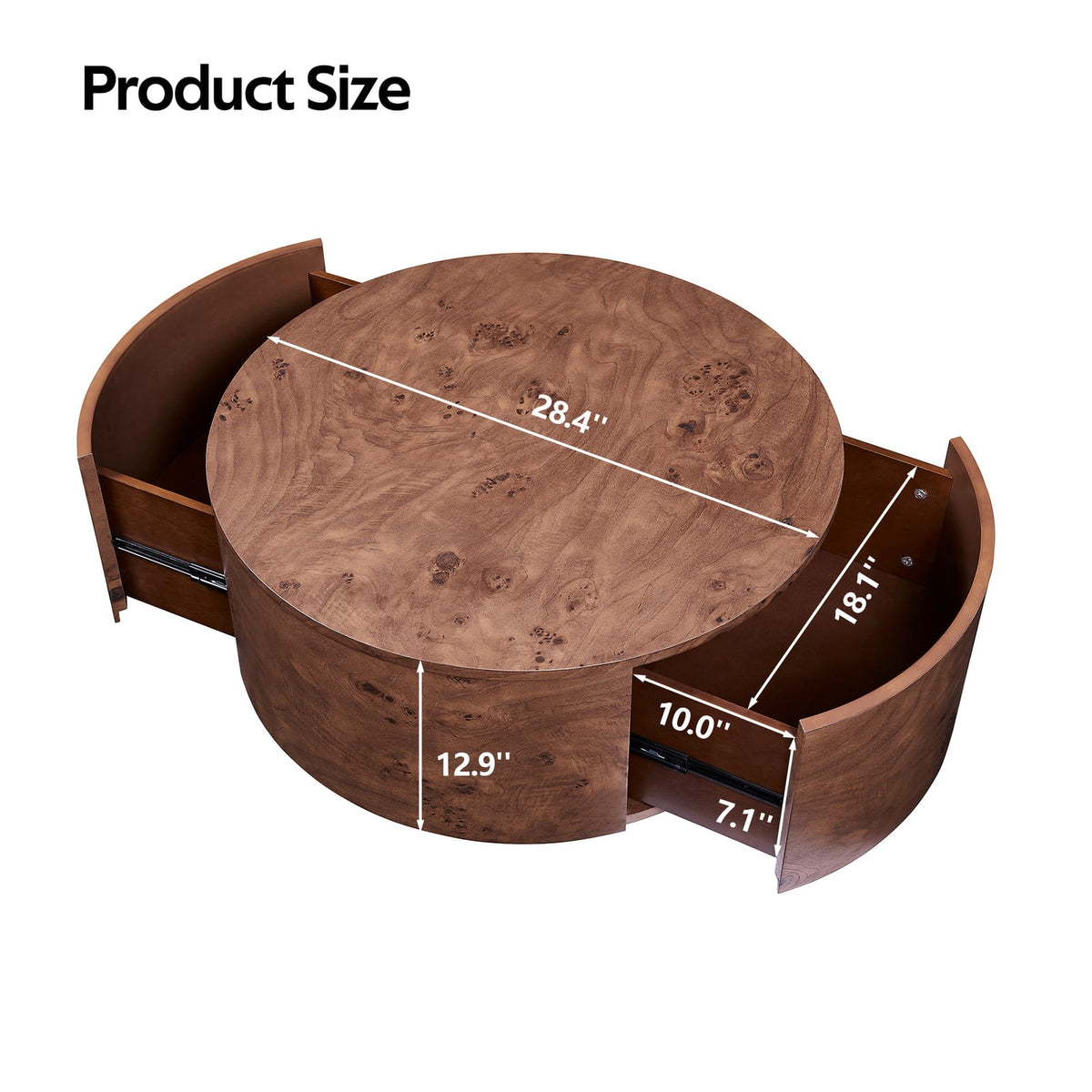 Walnut Burl Wood Rotating Coffee Table with Drawers for Living Room