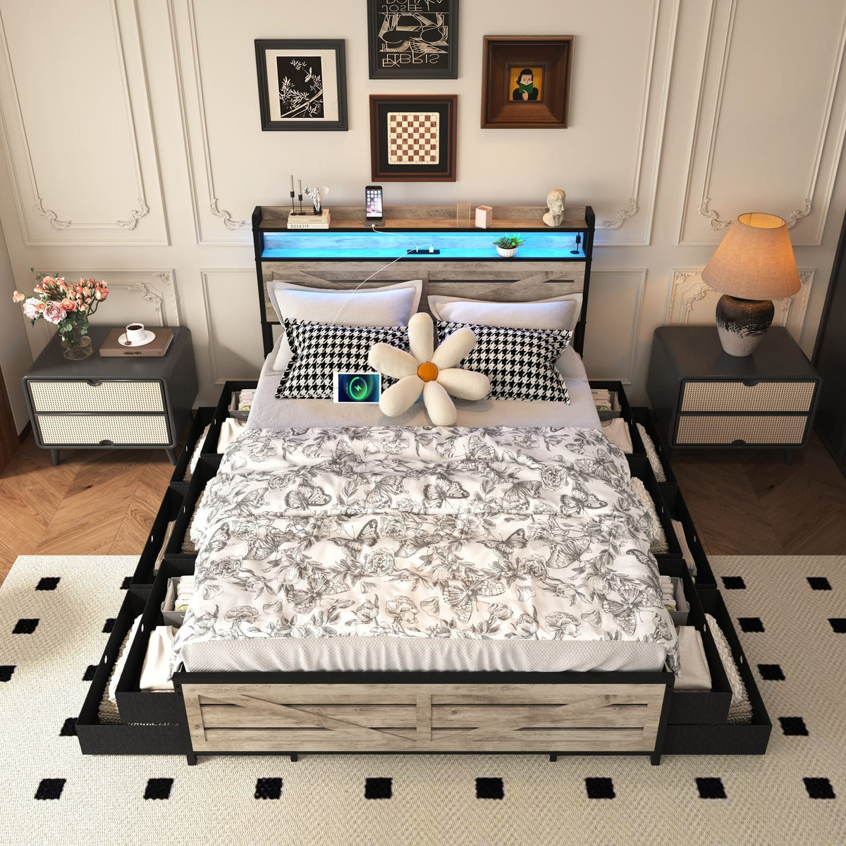 Full Size Gray Bed Frame with Storage Headboard & 12 Drawers for Bedroom