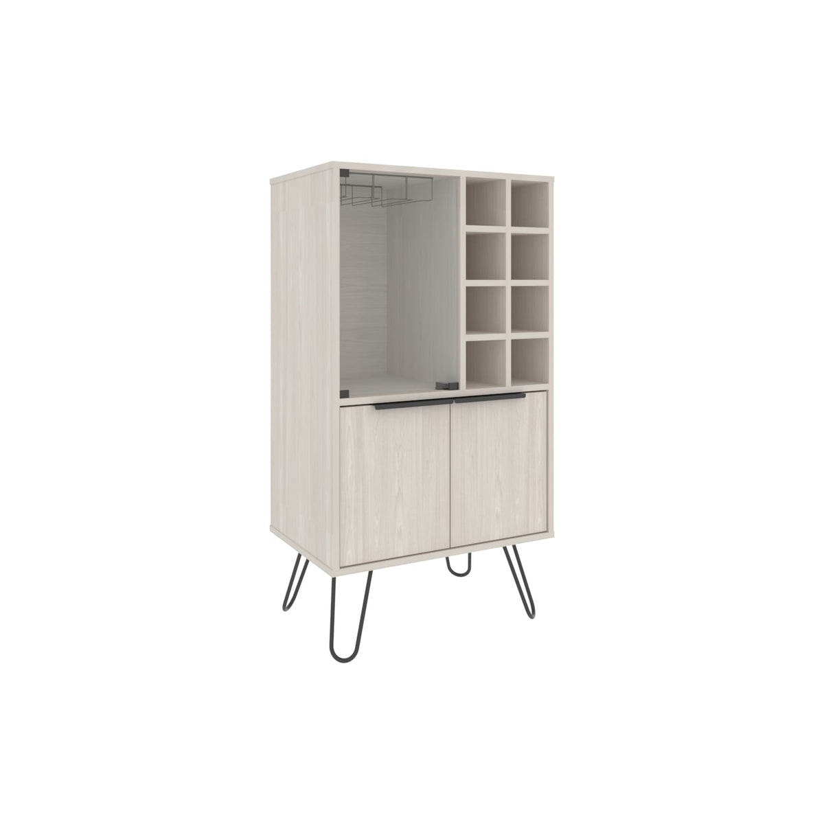 White Washed Oak Bar Cabinet with Glass Display for Living Room Storage
