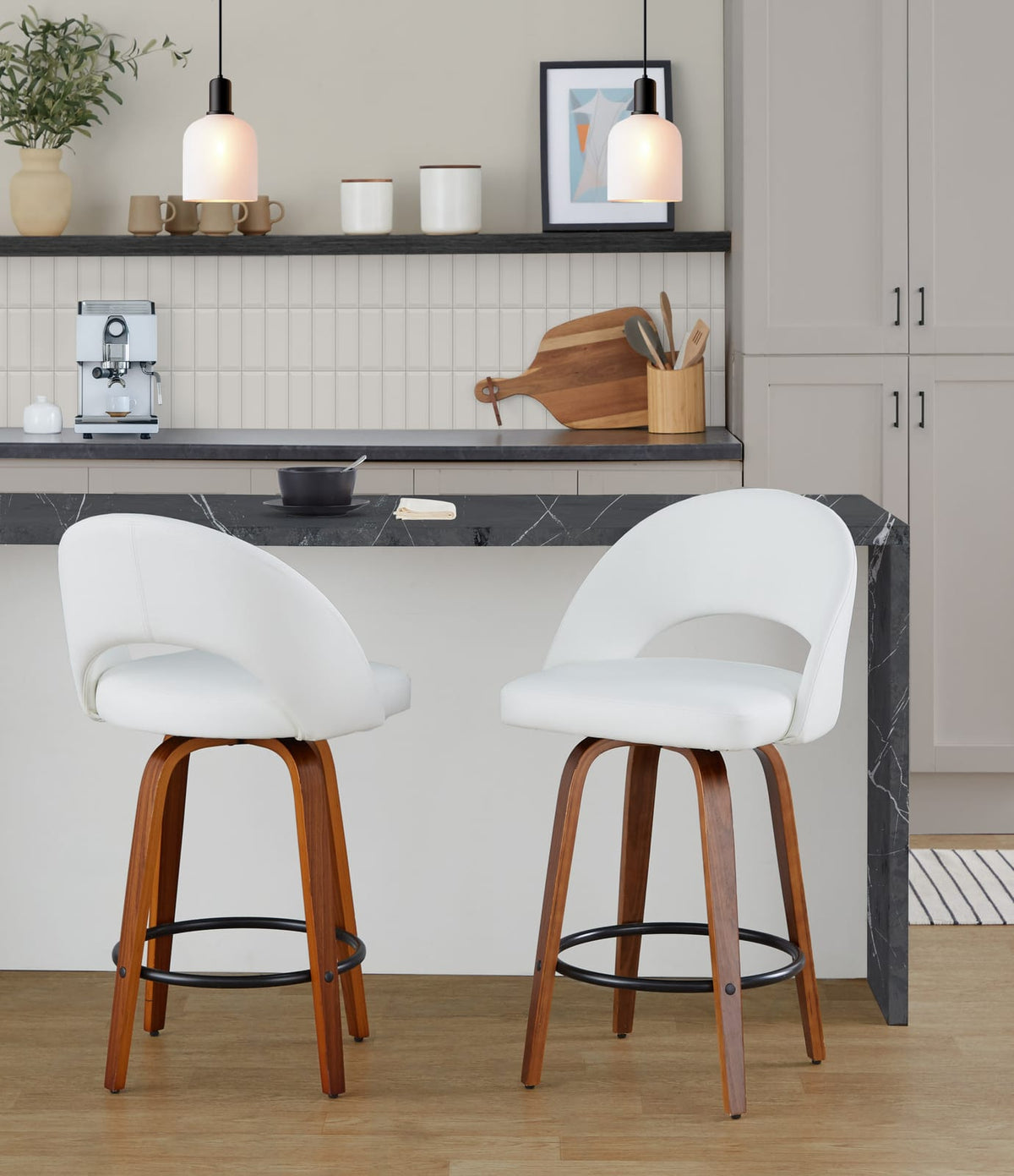 White Counter Stools - 2 Mid-Century Dining Stools with PU Leather