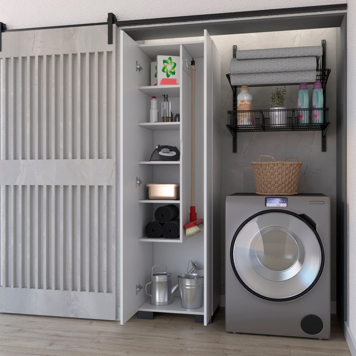 White Wood Storage Cabinet with Broom Shelves for Living Room