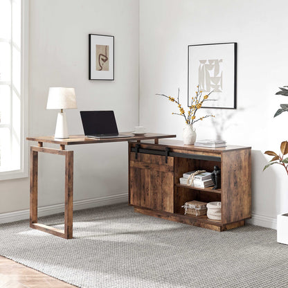 L-Shaped Desk with Storage Credenza - Brown for Home Office