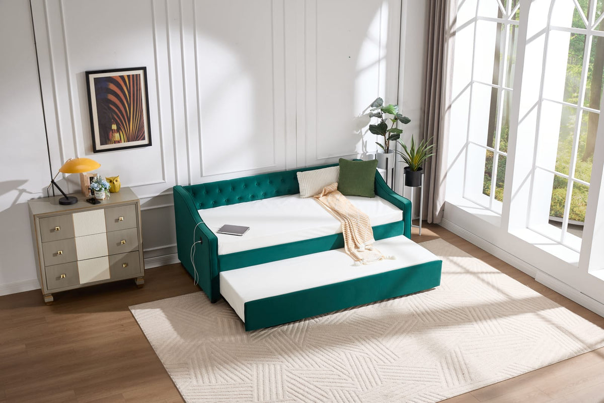 Emerald Velvet Twin Daybed with Trundle - USB Port for Living Room