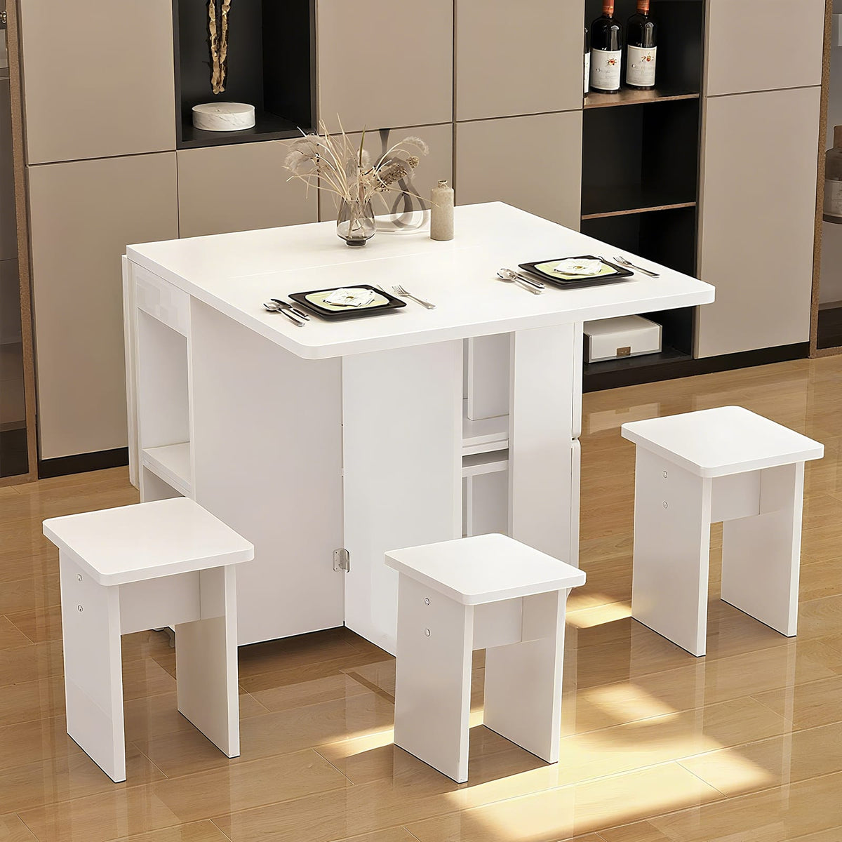 4-Person Rectangular Folding Dining Table Set - White MDF for Dining Room