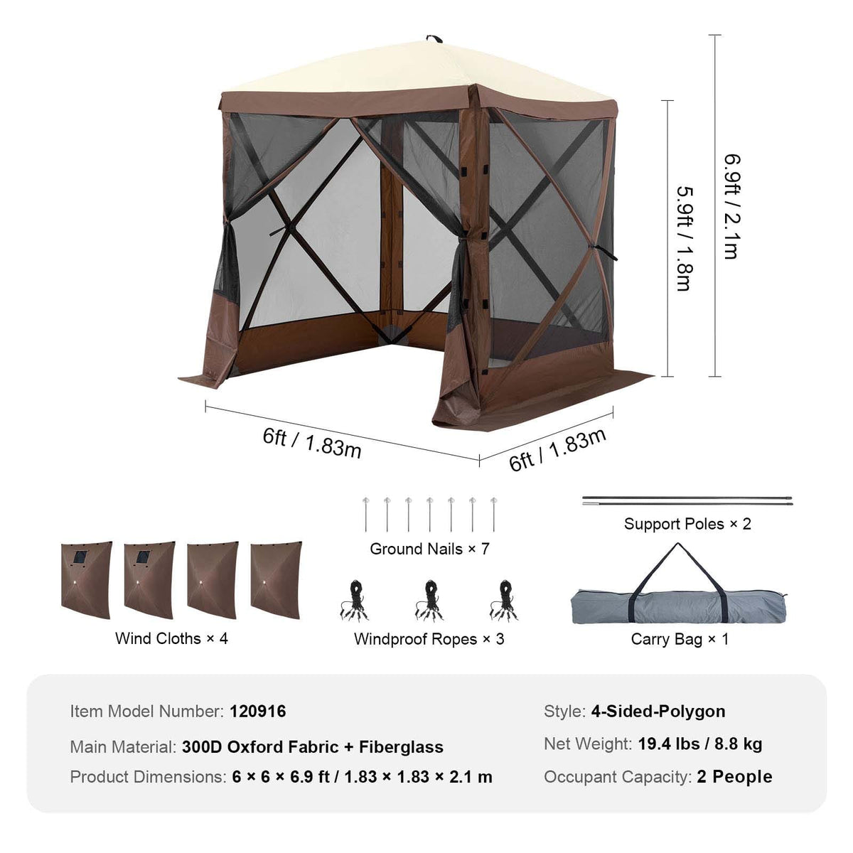 Brown 6x6FT Oxford Fabric Gazebo for Garden and Poolside Shade