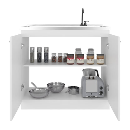 White Engineered Wood Kitchen Sink Cabinet with Faucet