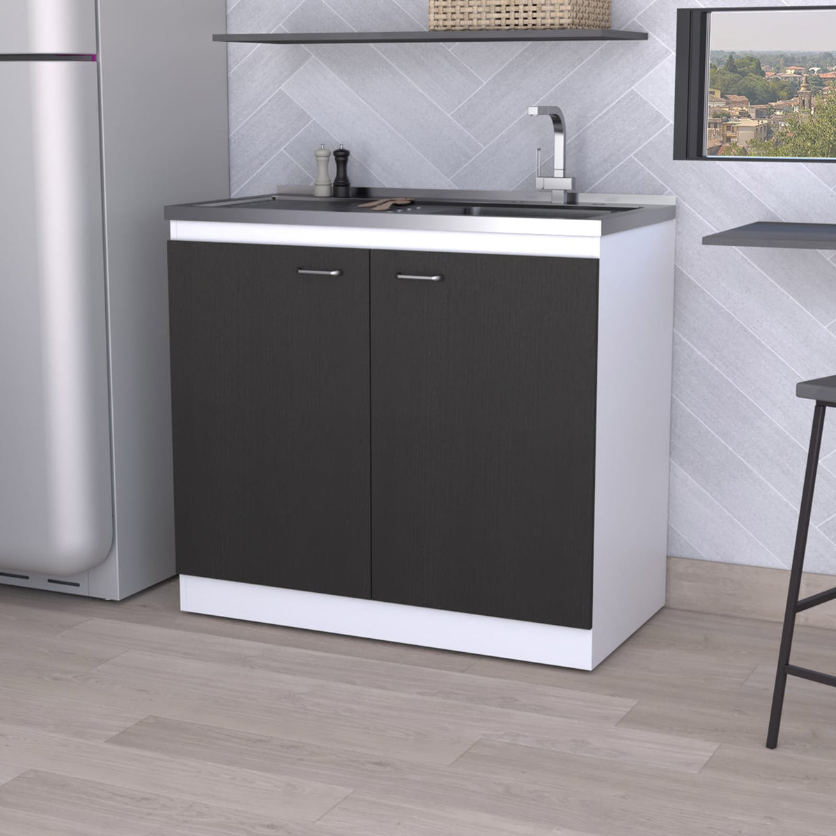 Black 2-Door Cabinet with Sink - Kitchen Storage