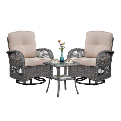 Grey Wicker Rocking Chair Patio Set - 3 Piece Bistro Set with Glass Table