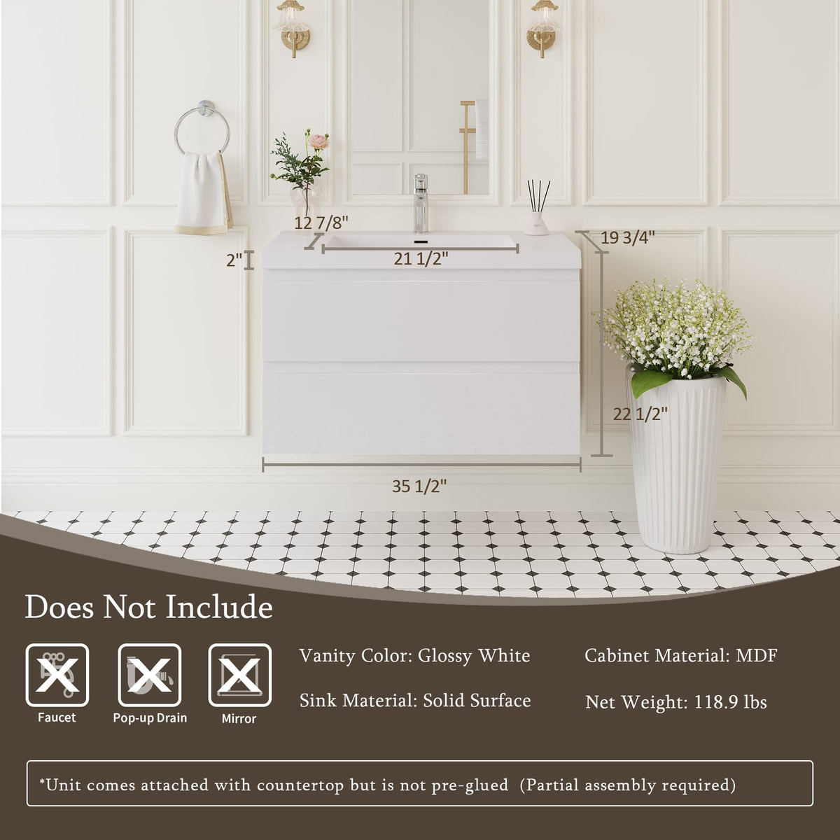 35.4 Inch Glossy White Wall-Mounted Bathroom Vanity with Resin Sink