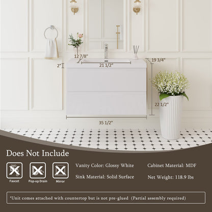 35.4 Inch Glossy White Wall-Mounted Bathroom Vanity with Resin Sink