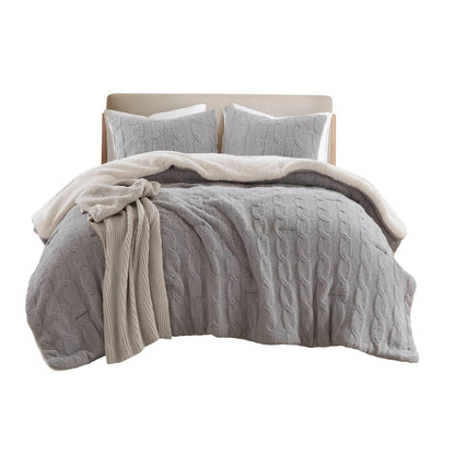 3 Pieces Full/Queen Cable Knit Chenille Comforter Set, Gray - Luxurious Comfort &