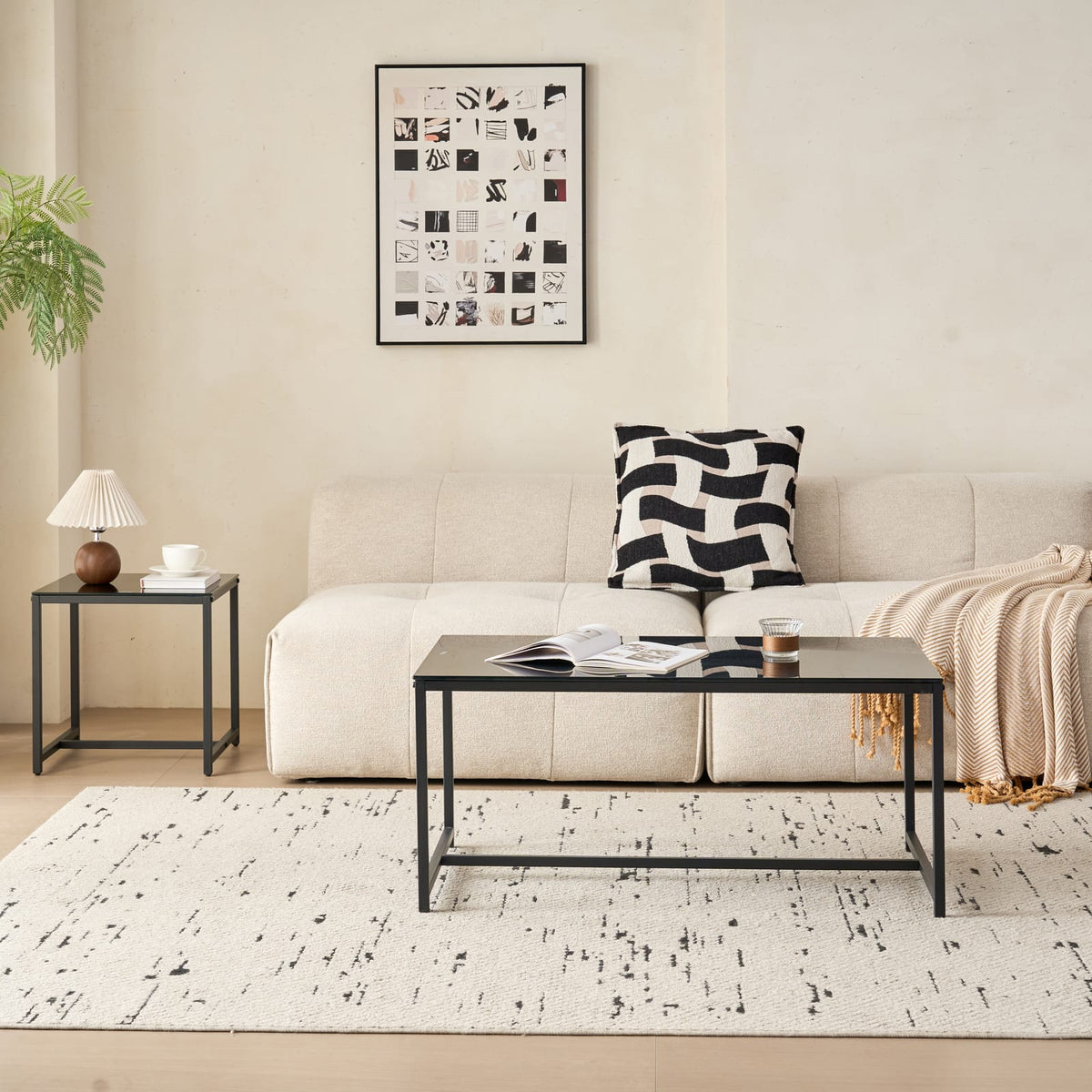 Black Glass CoffeeTable - Small Tea Table with Metal Legs for Living Room