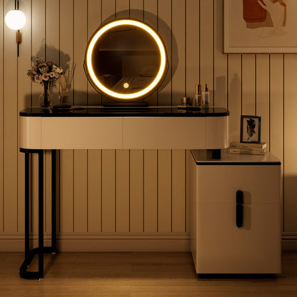Modern White MDF Vanity with Tempered Glass Mirror and Storage for Bedroom