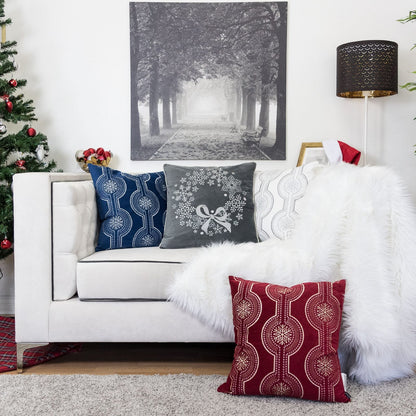 Gray Velvet Holiday Throw Pillow - Snowflake Embroidery, 20x20 with Insert