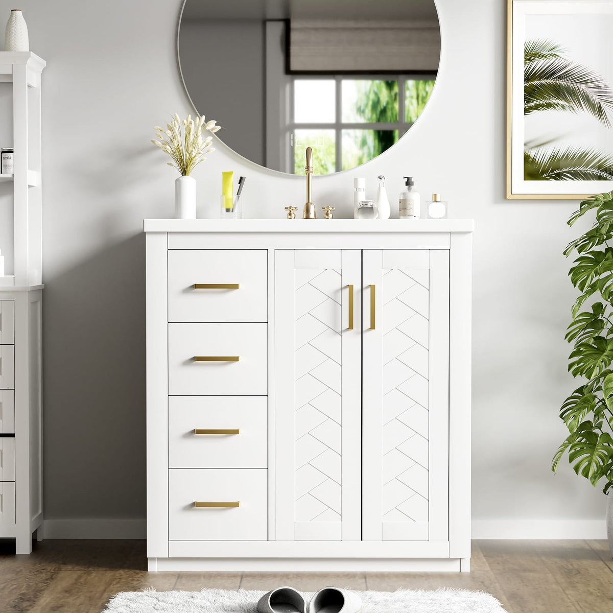 30 Inch White Bathroom Vanity with Ceramic Sink Storage
