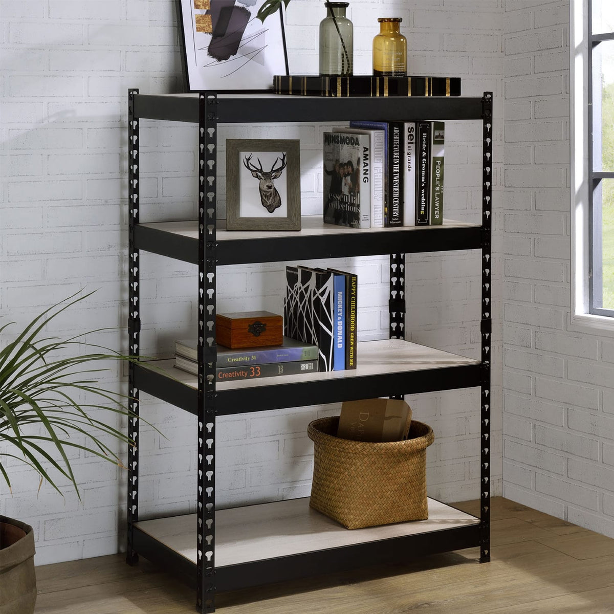 4 Tier Rectangular Bookcase - Natural & Black MDF Shelving Unit