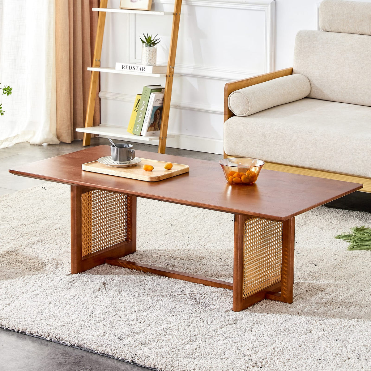 Walnut Rubber Wood Coffee Table Imitation Rattan Style for Living Room