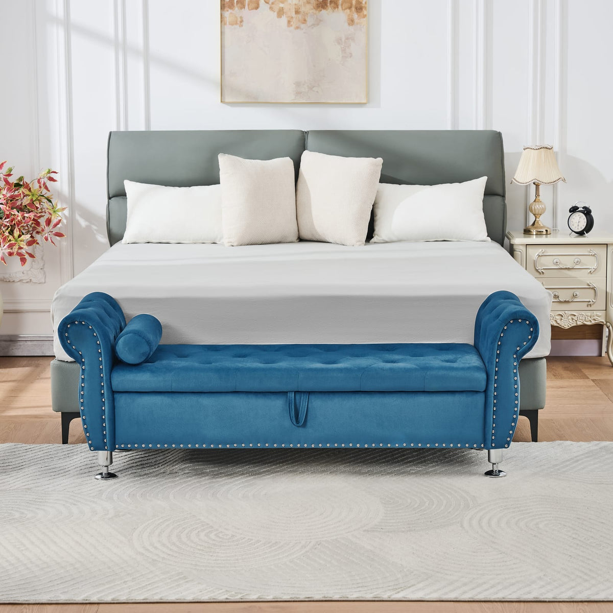 Eucalyptus Blue Velvet Storage Bench for Bedroom and Living Room