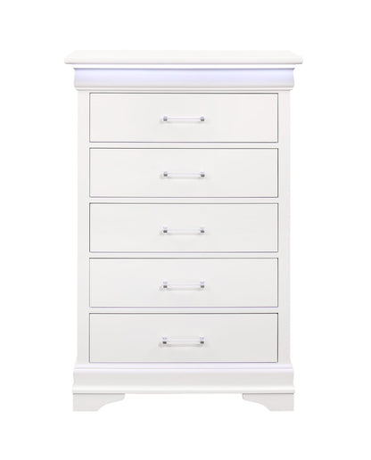 CHARLSTON White Chest with LED Lighting - 5 Drawers for Bedroom