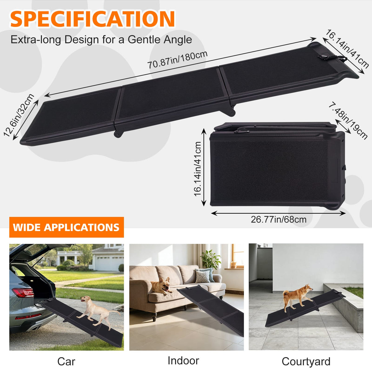 71 Inch Foldable Dog Ramp - Black Polypropylene Pet Ramp for SUVs & Trucks