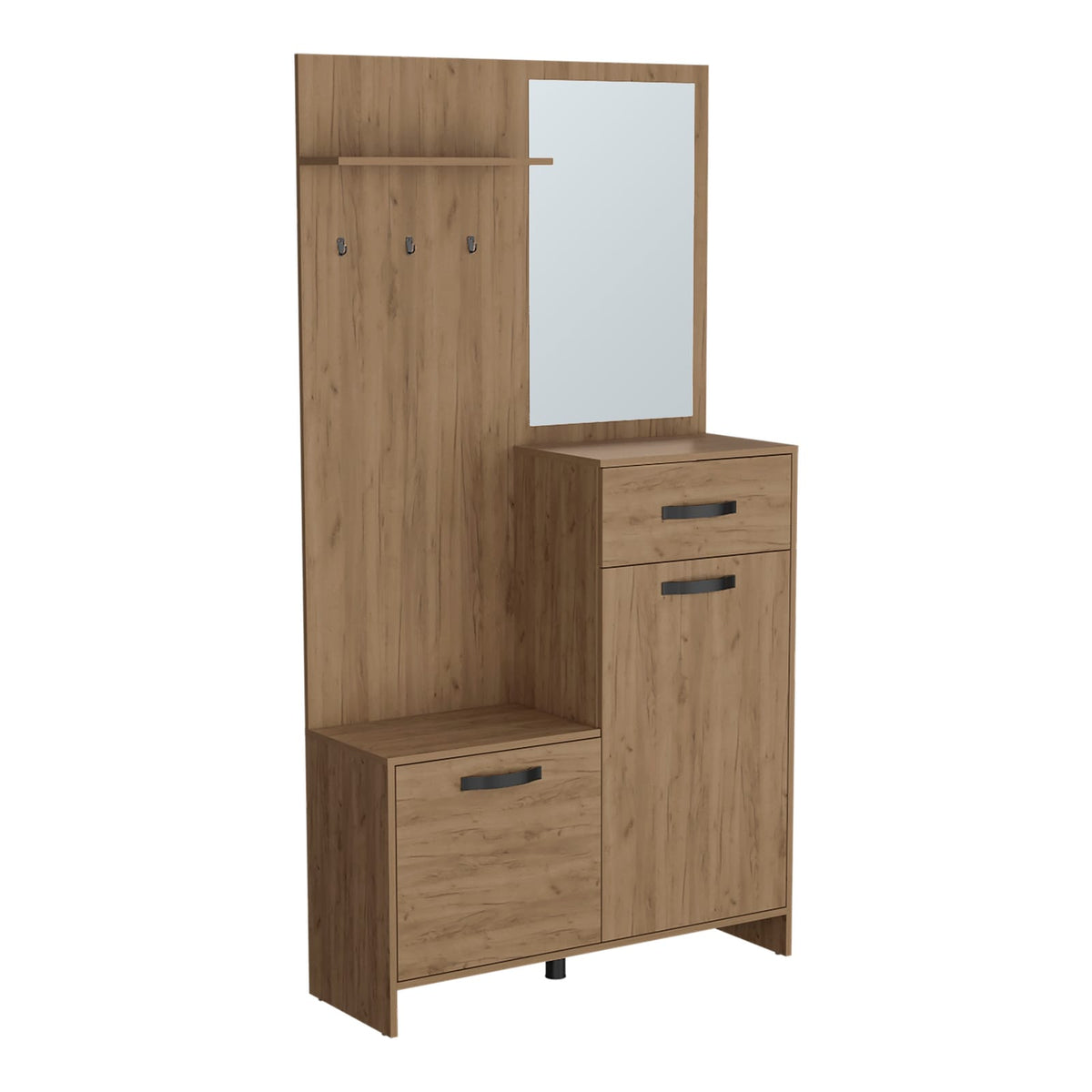 75" Tall Mirrored Hall Tree - Oak Entryway Cabinet for Living Room