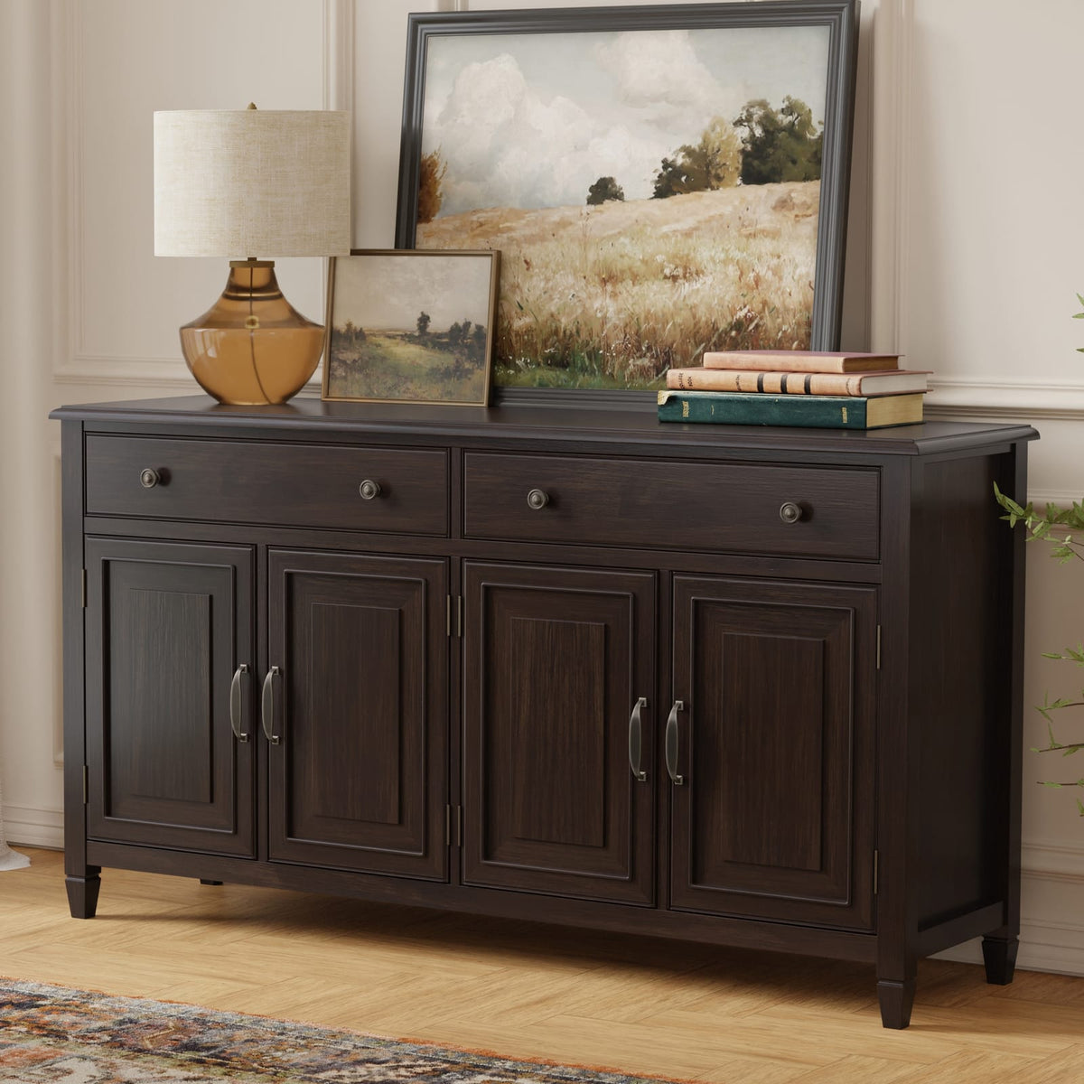 Brown Pine Sideboard Buffet - 66.5" Wide Storage Cabinet