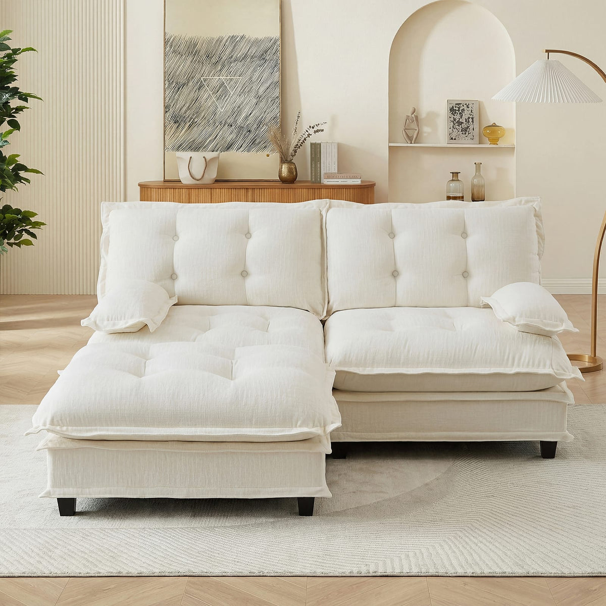 2-Seat Beige Chenille L-Shaped Sofa - Modular Sectional Couch for Living Room