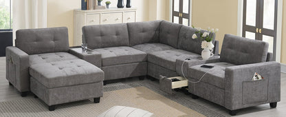 104'' Gray Chenille Sectional Sofa with Movable Ottoman