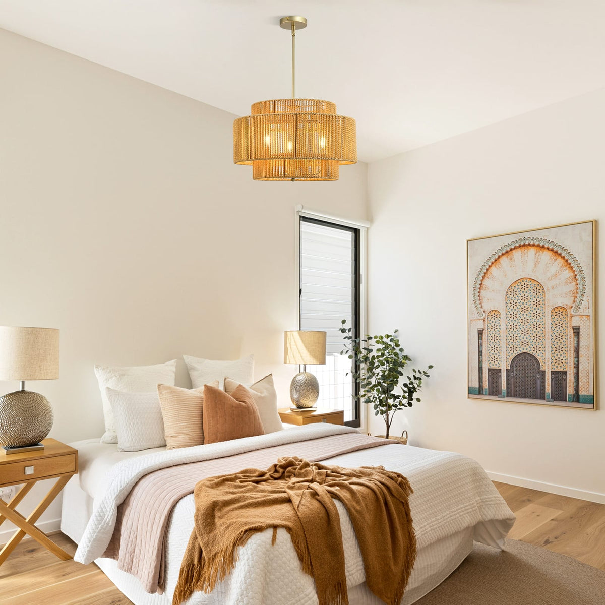 Boho Rattan Chandelier - 3-Light Rustic Ceiling Light