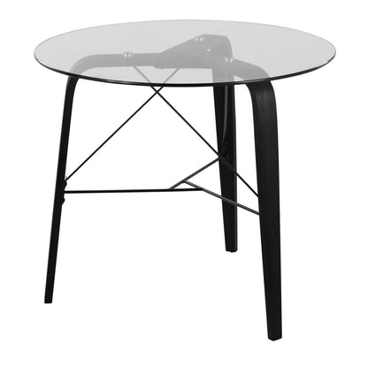 Mid-Century Modern Round Dining Table - Black Wood & Glass Top
