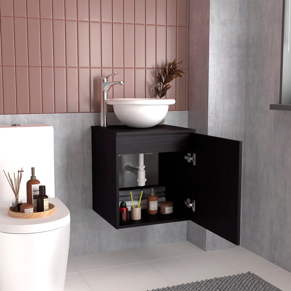 Black Floating Bathroom Vanity with Vessel Sink, Engineered Wood