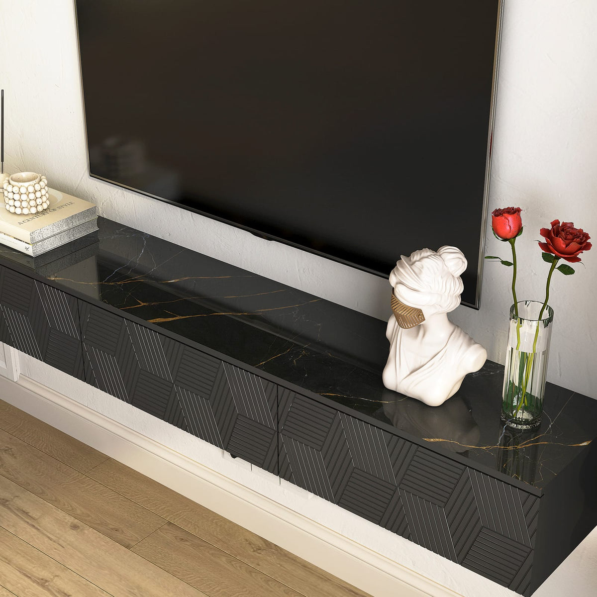 66 Inch Black MDF Floating TV Stand with LED Lights